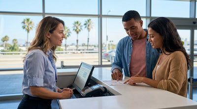 A row of vehicles available for car hire under palm trees at the LAX airport in Los Angeles