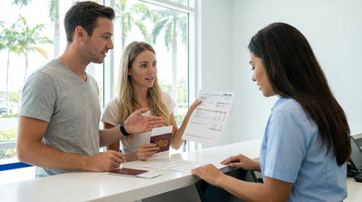 A driver's hands on the steering wheel of a car rental driving along a sunny Florida highway lined with palm trees