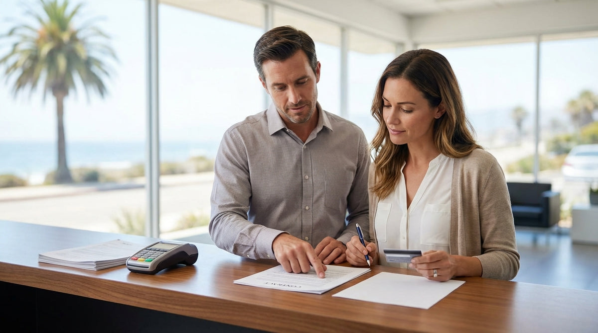 A convertible car hire driving on a sunny coastal road in California with beautiful ocean views