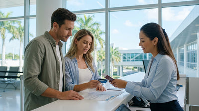 A red convertible car rental drives along a sunny, palm-lined Ocean Drive in Miami
