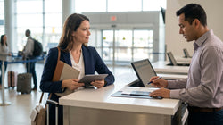 Traveler loading luggage into a car rental outside a Los Angeles airport terminal