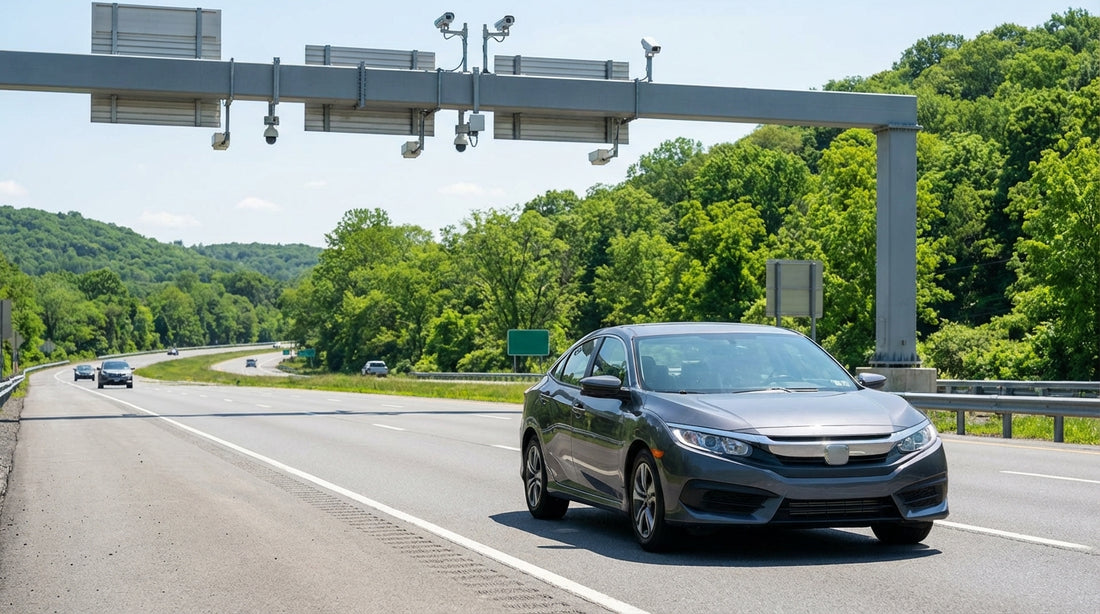 Car rental passing under an electronic toll gantry on a sunny highway in Pennsylvania