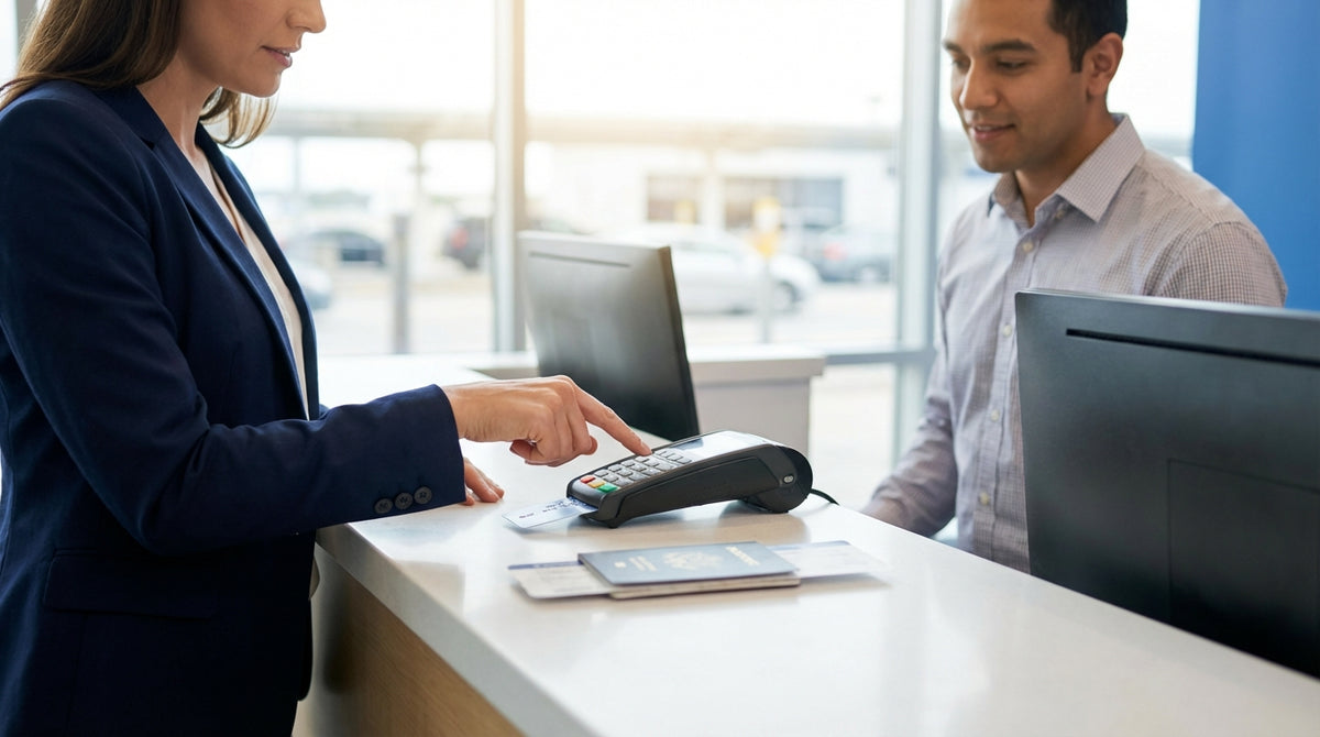 A traveler uses a credit card to pay for their car hire at an airport counter in the United States