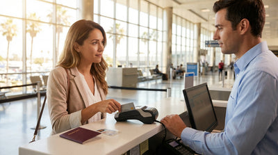A convertible car rental driving down a sunny, palm-tree lined highway in California
