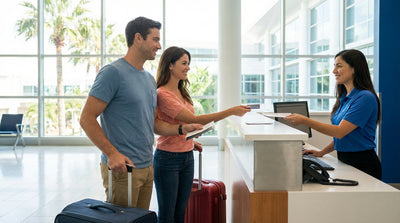 A person holds up keys in front of their modern white car rental vehicle in a Florida airport parking lot