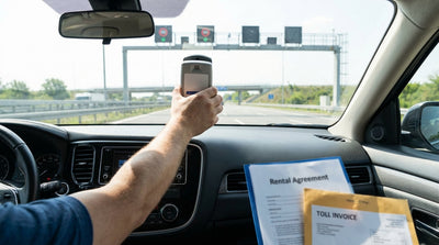 A white car rental drives on a multi-lane highway under a toll gantry in Dallas, Texas