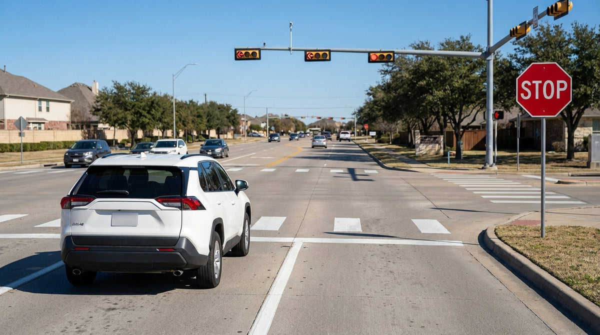 A car rental stopped at a red light in a right-turn slip lane at a sunny intersection in Texas