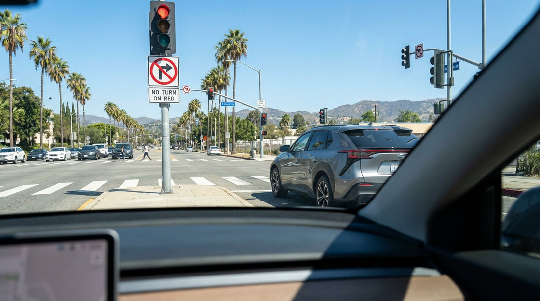 A car hire stopped at a red light on a sunny Los Angeles boulevard lined with palm trees