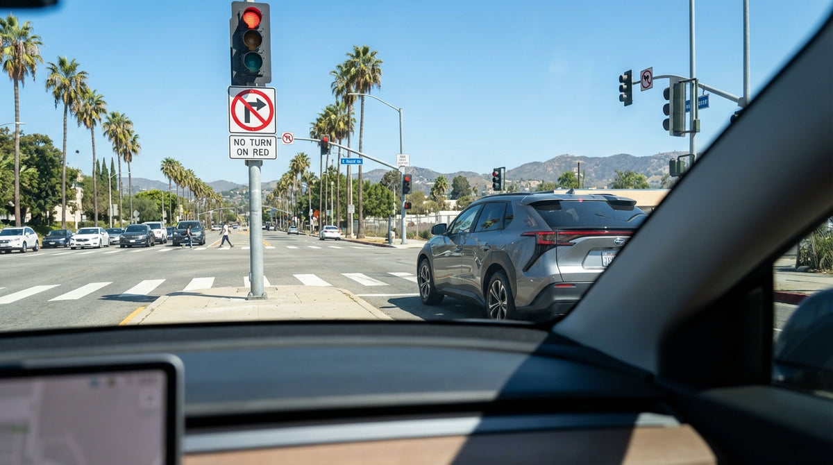 A car hire stopped at a red light on a sunny Los Angeles boulevard lined with palm trees