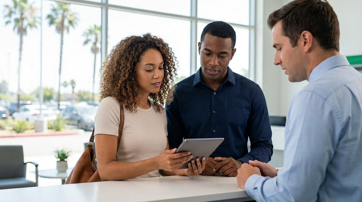 A convertible car rental driving on a sunny coastal highway in California overlooking the ocean