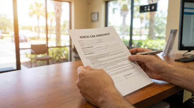 A red convertible car rental driving down a scenic coastal highway in sunny Florida