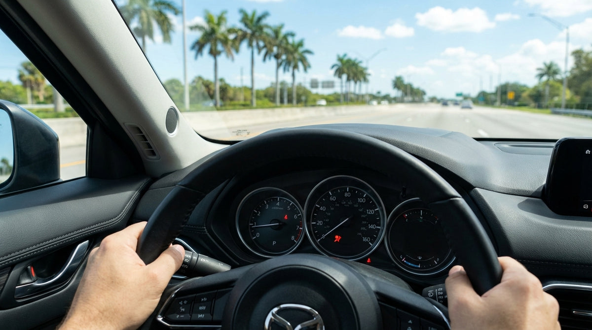 A car rental dashboard with an illuminated airbag warning light, seen from the driver's seat on a road in Florida