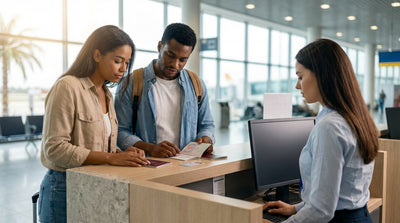 A red convertible car hire drives along a sunny coastal highway in Florida lined with palm trees