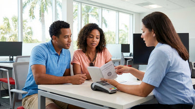 A red convertible car rental driving down a sunny coastal highway in Florida lined with palm trees