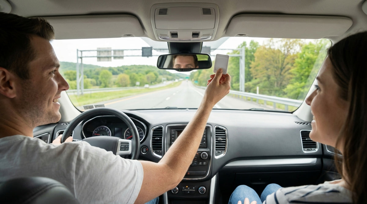 A car rental drives on the scenic Pennsylvania Turnpike surrounded by rolling green hills under a blue sky