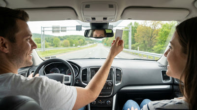 A car rental drives on the scenic Pennsylvania Turnpike surrounded by rolling green hills under a blue sky