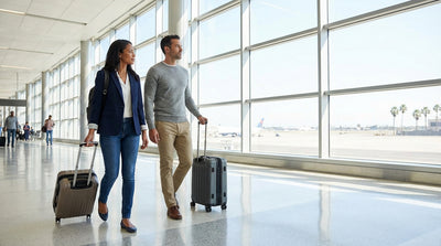 A traveler with luggage boards a shuttle bus for the car rental center at an airport in Texas