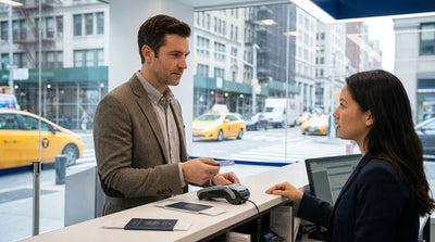 A yellow New York taxi drives past a sleek black car rental parked on a busy Manhattan street