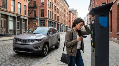 A modern car hire parked by a digital parking payment machine on a city street in Philadelphia, Pennsylvania