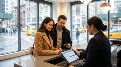 A car rental driving through Times Square in New York with bright billboards and yellow cabs in the background