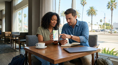 A convertible car rental driving along the winding coastal Highway 1 in Big Sur, California