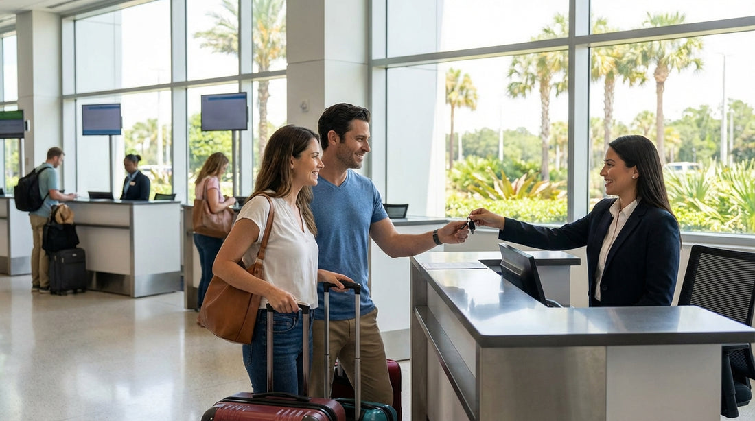 Travelers wait at the brightly lit car rental counters inside the Orlando Airport terminal