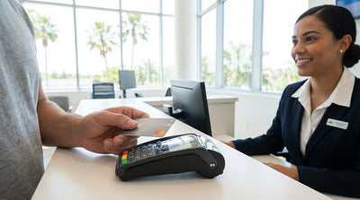 A white convertible car rental parked on a sunny street in Miami lined with tall palm trees