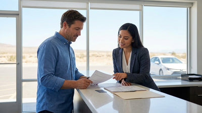A sedan car rental driving on a scenic highway through the vast, sunny landscape of rural Texas