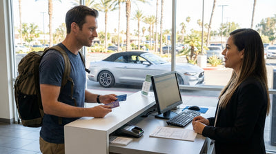 A driver in a convertible car hire enjoys a sunny road trip along the coast of California