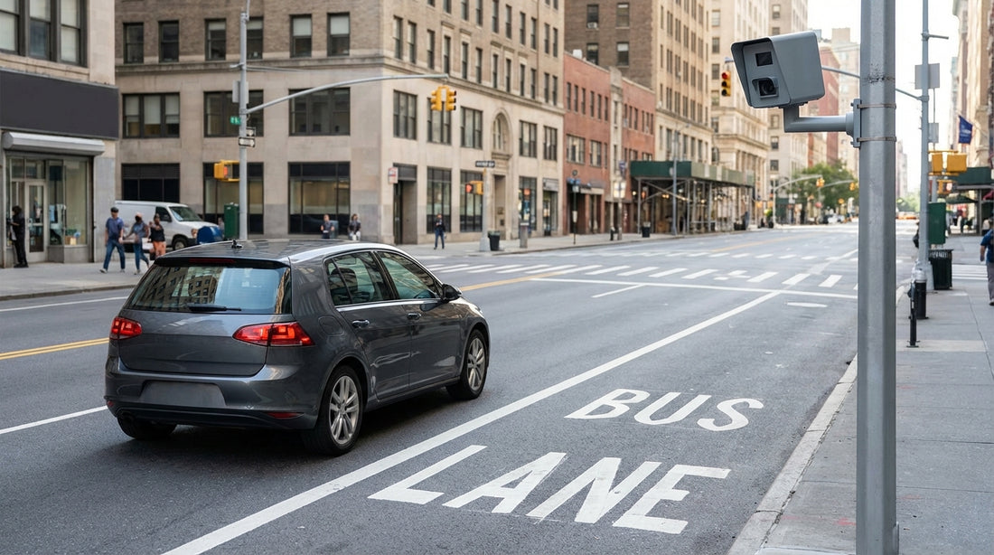 A car rental driving on a busy New York street with a clearly marked red bus lane and traffic camera overhead