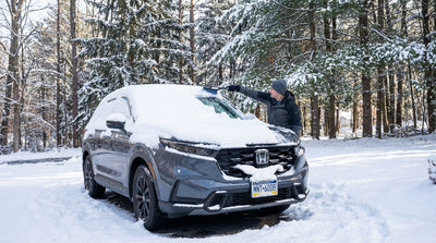 A car hire in Pennsylvania completely covered in snow, obscuring the vehicle's roof and license plate