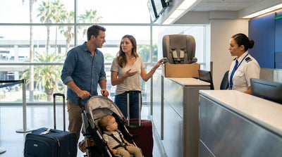 A family looking stressed at an Orlando car hire counter inside the airport terminal