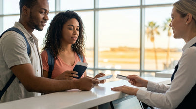 A car rental drives down a winding road in Big Bend National Park, Texas, with desert mountains in the background