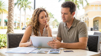 A white convertible car hire drives along a scenic coastal road lined with palm trees in sunny Florida