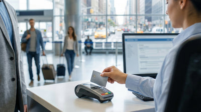 A modern car hire vehicle driving through the bustling, neon-lit streets of Times Square in New York
