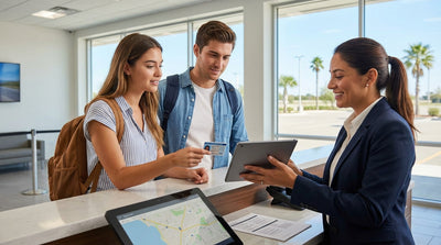 A sedan for car hire drives down a long, empty highway through the scenic Texas Hill Country at sunset