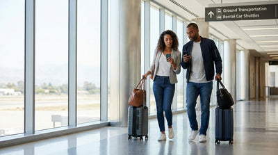 A traveler with luggage approaches their car rental in a sunlit San Francisco airport parking garage