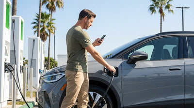 A driver unplugs a charging cable from their electric car hire at a fast-charging station in California