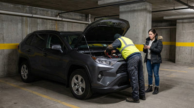 A stalled car rental with its hood open in a dimly lit underground New York car park