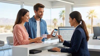 A stylish car hire parked in front of the iconic Welcome to Las Vegas sign under a clear blue desert sky