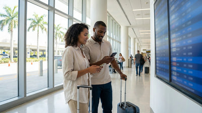 Travelers waiting in line at a car hire counter inside the busy Miami International Airport