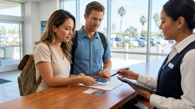 A convertible car rental driving down a sunny, winding coastal highway in California