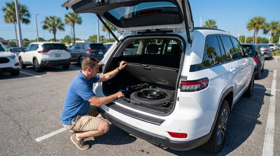 A person checking the spare tyre in the trunk of a car rental vehicle in a sunny Orlando parking lot
