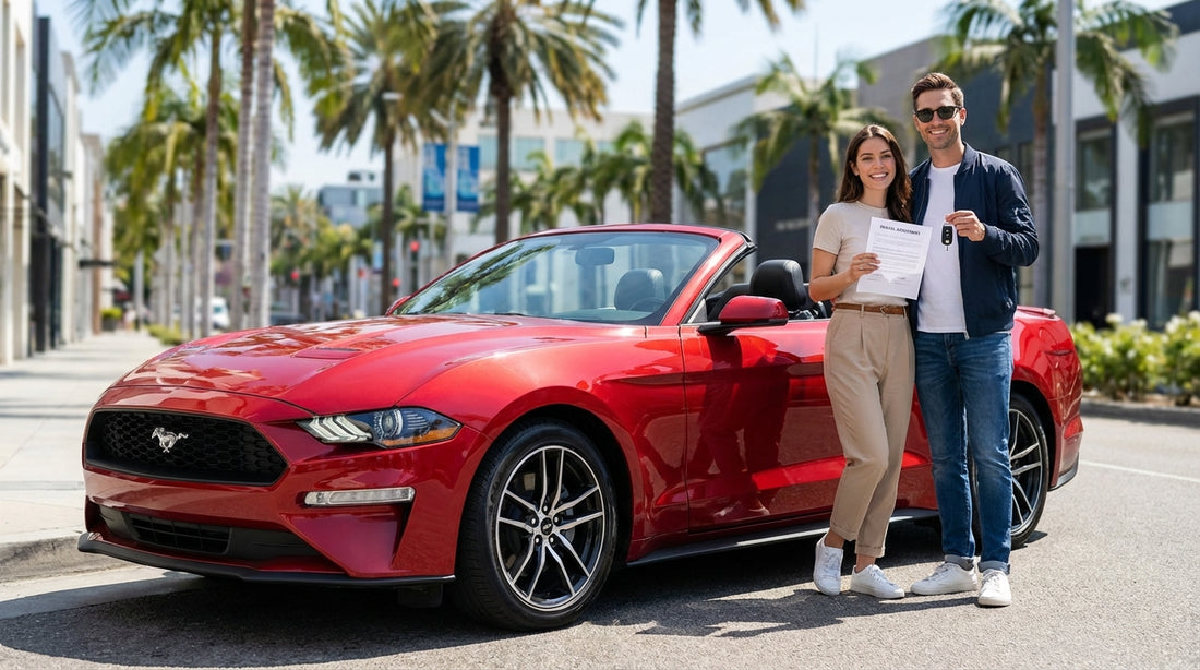 A sports car hire driving on a highway with a view of the downtown Los Angeles skyline at sunset