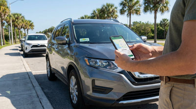 A white car rental driving under a large electronic toll gantry on a sunny highway in Florida