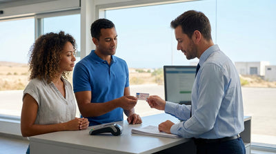 A person holding keys for a car rental with a long, open highway in the Texas hill country in the background