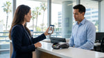 Person holding a phone displaying a passport photo at a car rental counter in Los Angeles