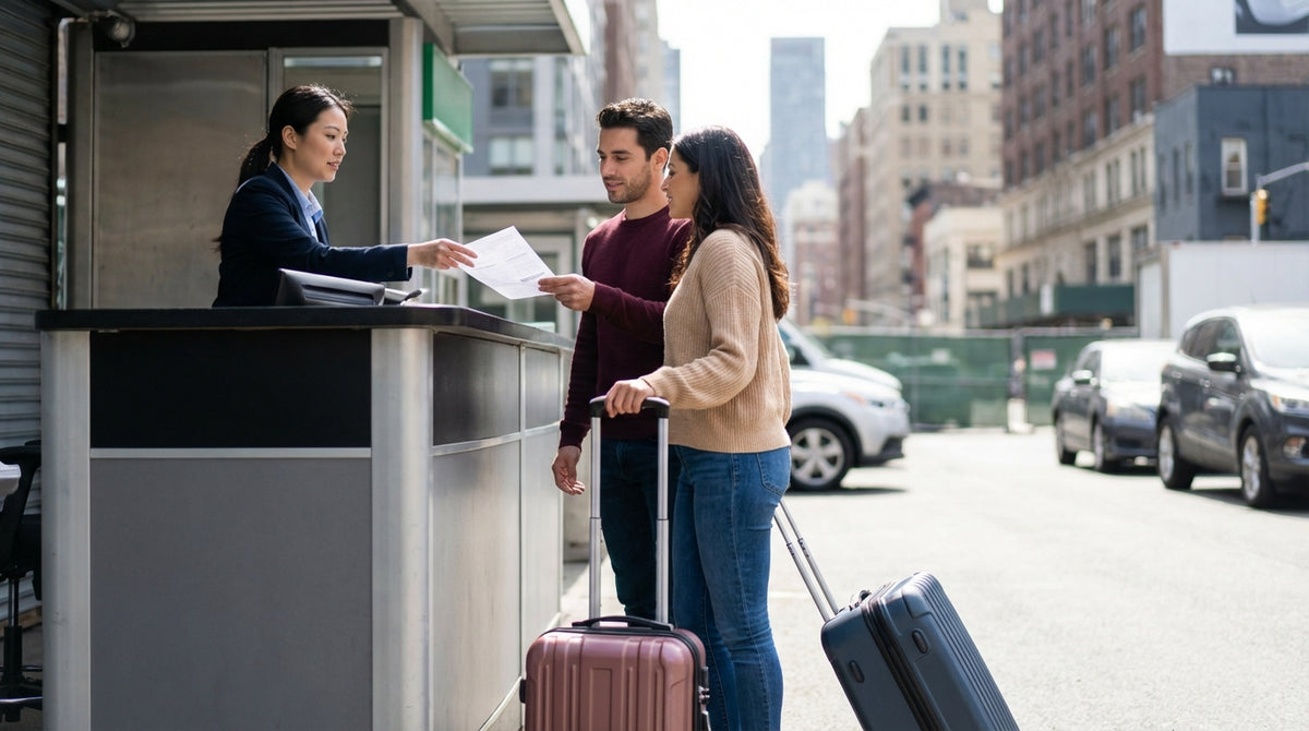 A traveler with luggage waits for an off-airport car rental shuttle bus in New York