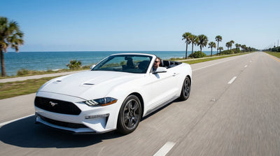 A white car rental driving down a sunlit coastal highway lined with palm trees in Florida