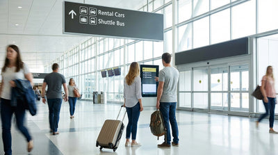 A traveler with a suitcase at New York's JFK Terminal 8 follows signs for the car rental shuttle